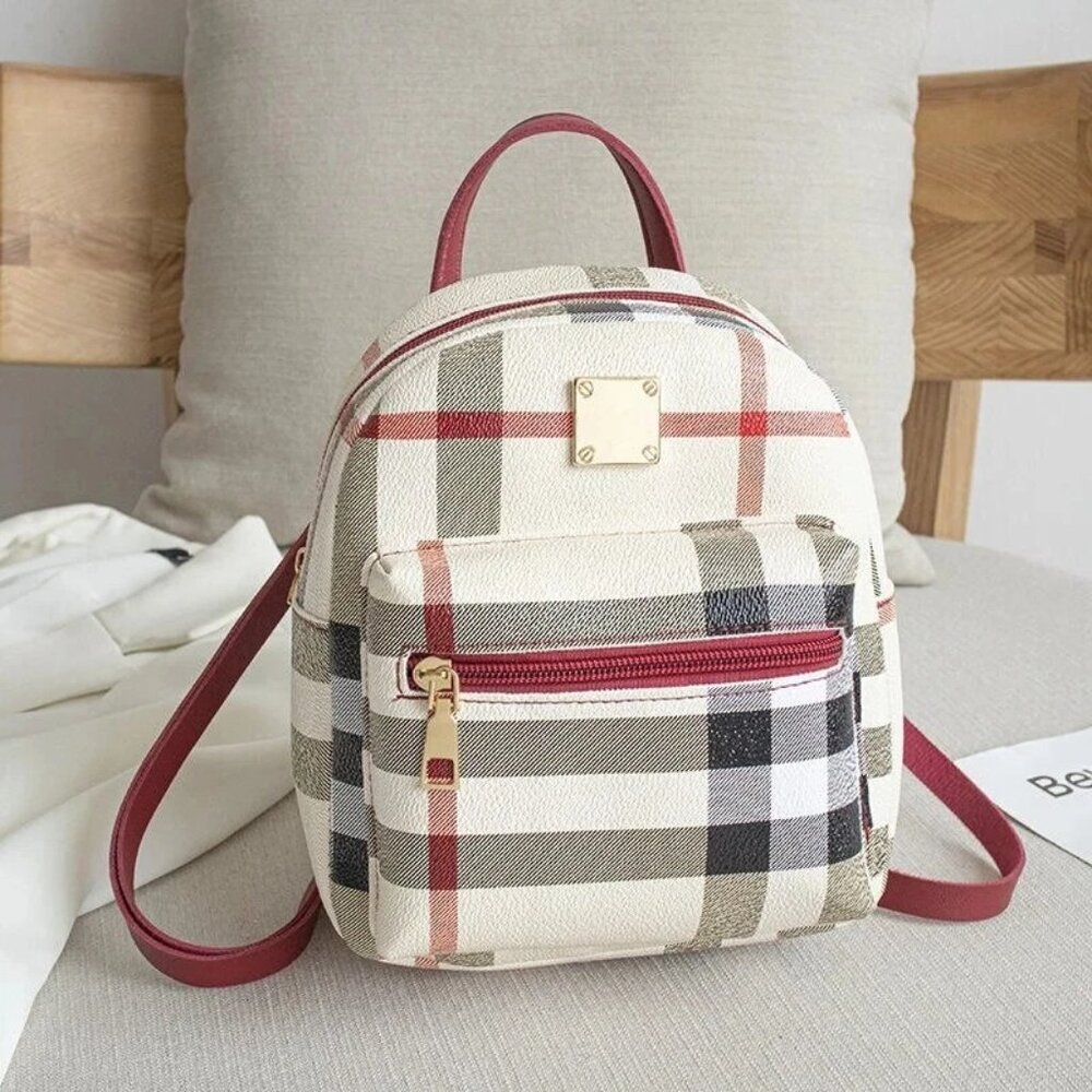 Red, Black, White, Cream, Deep PinkPlaid Backpack with Gold Zippers
